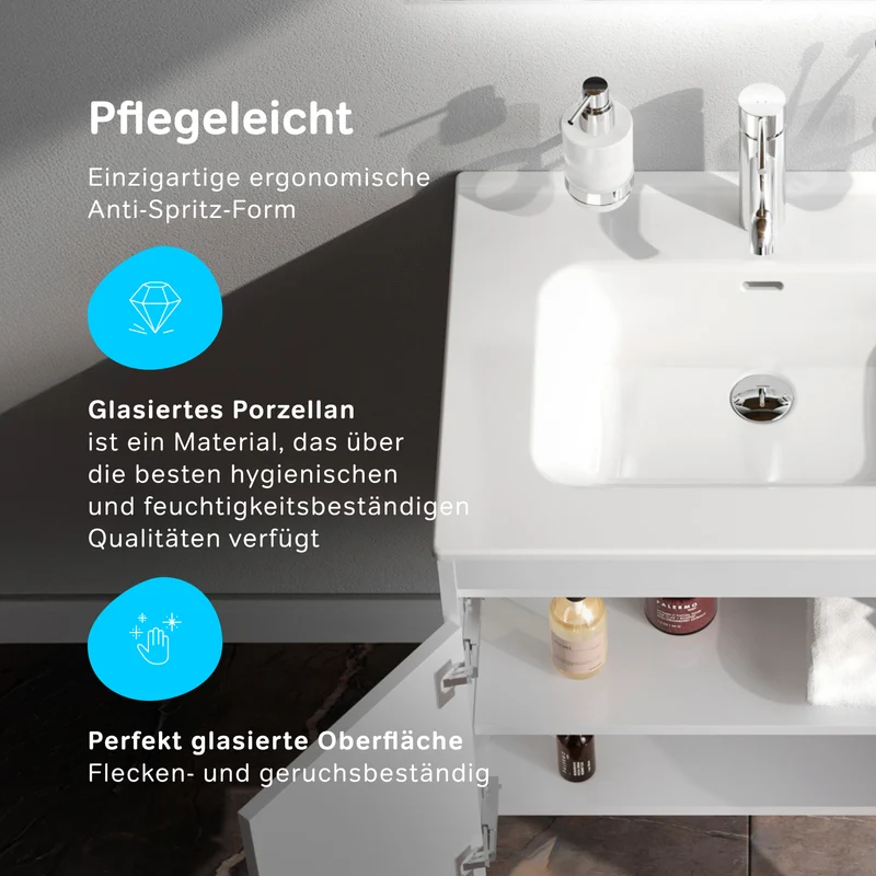 Waschtischunterschrank mit Waschbecken, 60 cm, als Flachpaket, 2 Türen, Weiß glänzend – MPAX0601WG-C0602WG