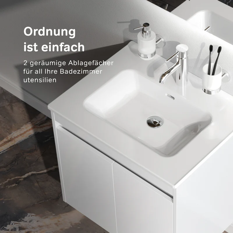 Waschtischunterschrank mit Waschbecken, 60 cm, als Flachpaket, 2 Türen, Weiß glänzend – MPAX0601WG-C0602WG