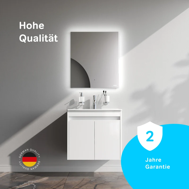 Waschtischunterschrank mit Waschbecken, 60 cm, als Flachpaket, 2 Türen, Weiß glänzend – MPAX0601WG-C0602WG