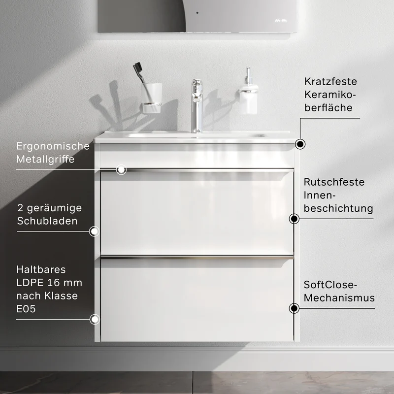Waschtischunterschrank mit Waschbecken, 60 cm, als Flachpaket, 2 Schubladen – MTAX0602WG-C0602WG