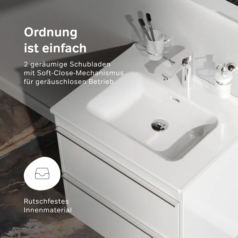 Waschtischunterschrank mit Waschbecken, 60 cm, als Flachpaket, 2 Schubladen – MTAX0602WG-C0602WG
