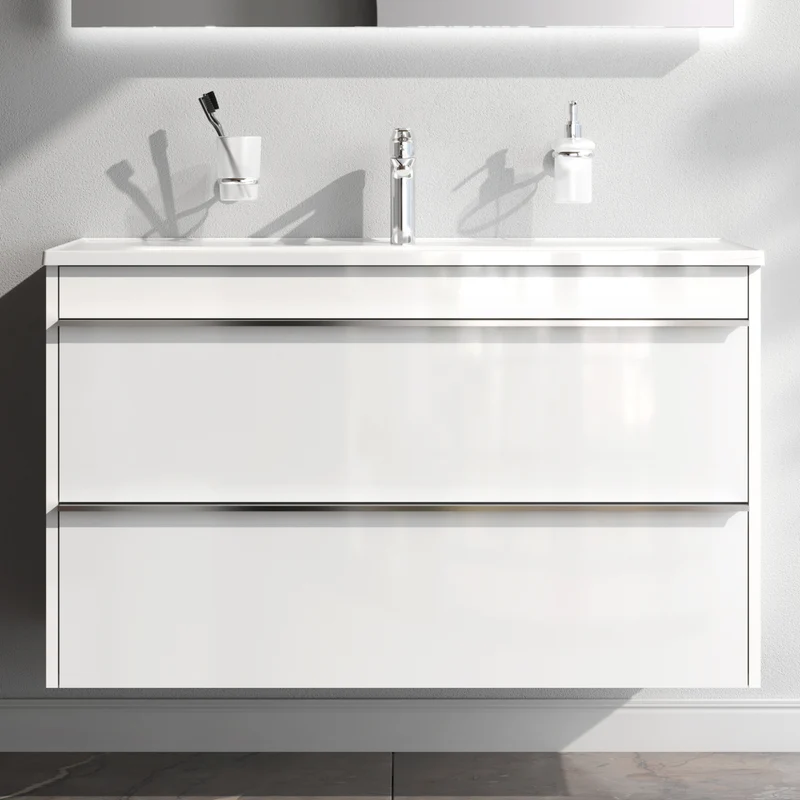 Waschtischunterschrank mit Waschbecken, 100 cm, als Flachpaket, 2 Schubladen – MTA-FHX1002WG-WCC1002