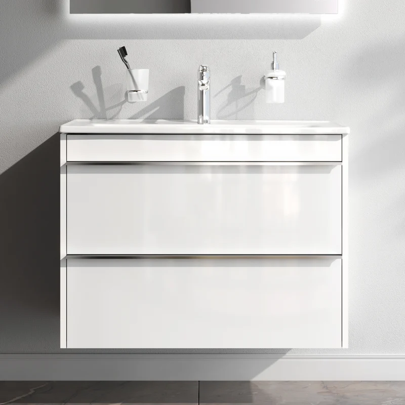 Waschtischunterschrank mit Waschbecken, 80 cm, als Flachpaket, 2 Schubladen – MTA-FHX0802WG-WCC0802