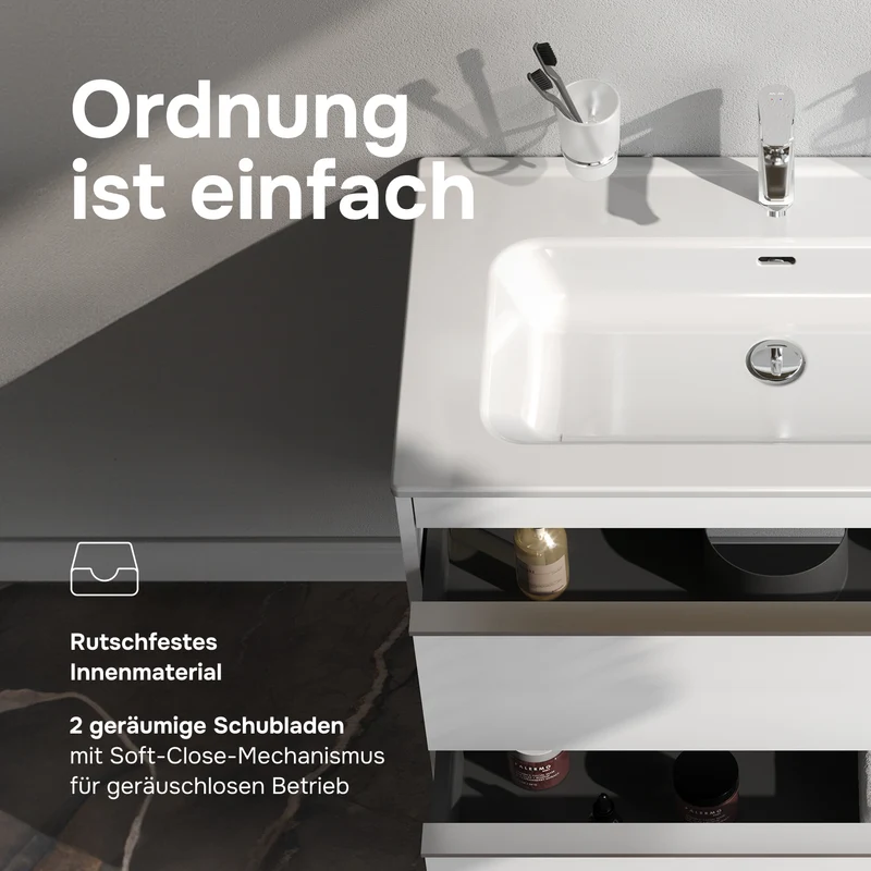 Waschtischunterschrank mit Waschbecken, 80 cm, als Flachpaket, 2 Schubladen – MTA-FHX0802WG-WCC0802