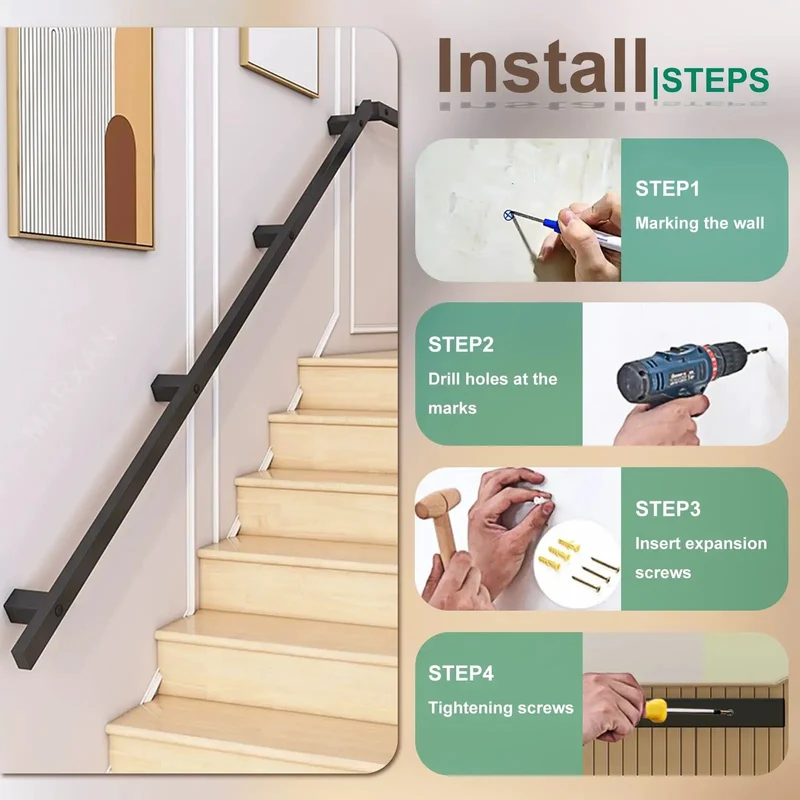 Rock Solid Wrought Iron Stair Railing Black Handrail For Staircase With Concealed Screw Mounts For Sleek Setup And Built Tough For Daily Hustle While Granting Sure Footed Non Slip Grip That Brings Serious Edge To Your Entry Way