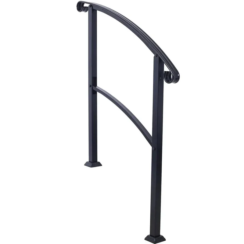 Rock Solid Wrought Iron Handrail For Outdoor Steps, Black Metal Stair Railing With Curved Non Slip Grip, No Sweat Quick Install System For One To Three Porch Stairs