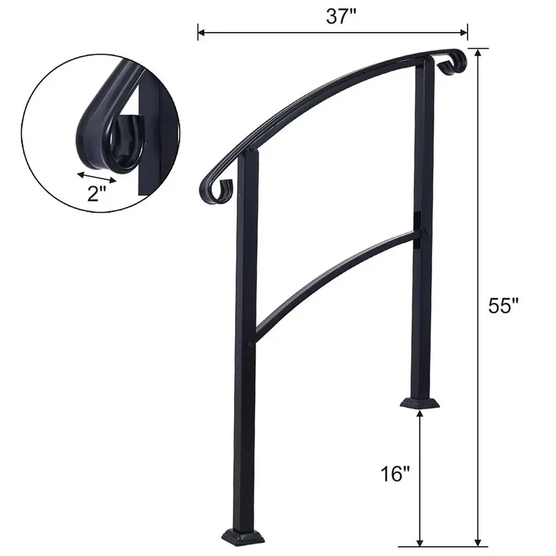 Rock Solid Wrought Iron Handrail For Outdoor Steps, Black Metal Stair Railing With Curved Non Slip Grip, No Sweat Quick Install System For One To Three Porch Stairs