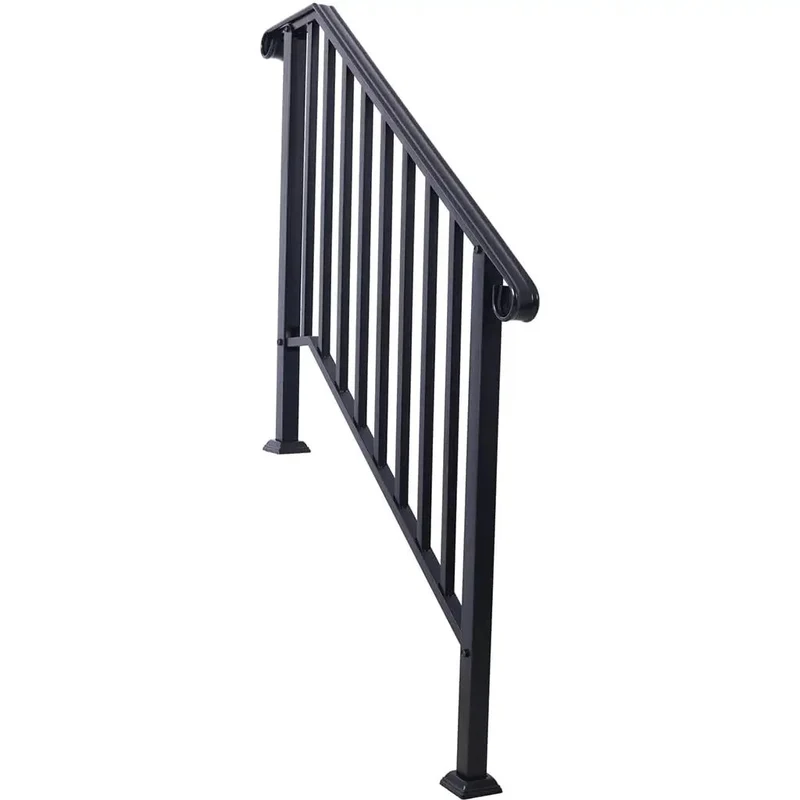 Heavy Duty Wrought Iron Handrail For Outdoor Steps Three Step Staircase Flat Out Tough Rustproof Powder Coated Metal Picket Railing Quick Clip Install For Concrete Porch Garden Walkway