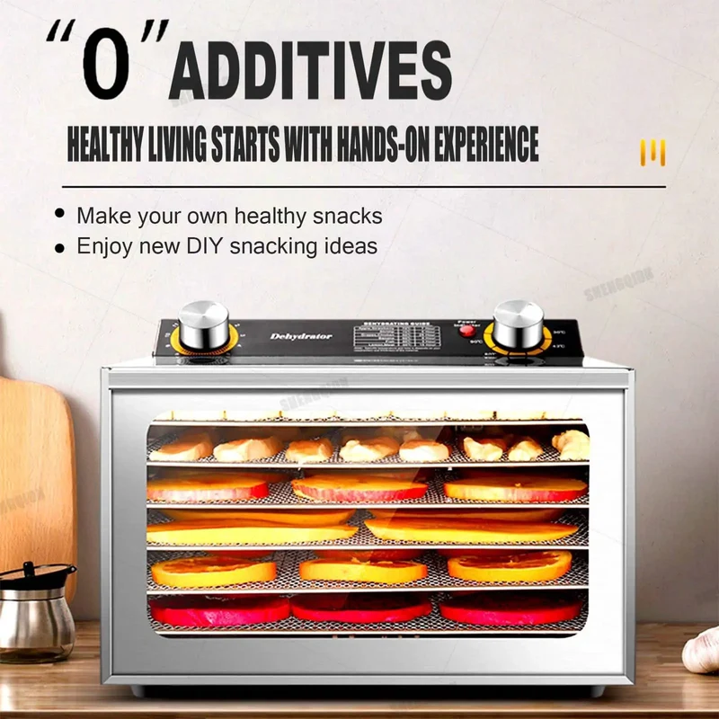 Heavy Duty Commercial Food Dehydrator with Smart Temp Control and Timer, 6 Tray Stainless Steel Dryer for Meat Jerky and Fruits, Tempered Glass Watch Window, No Sweat Dishwasher Safe Trays, Low Noise Powerhouse for Home Kitchen