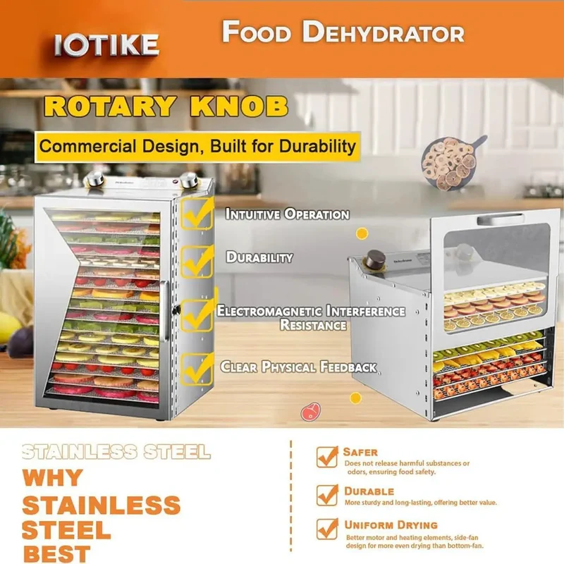Heavy Duty Workhorse Stainless Steel Freeze Dryer And Electric Food Dehydrator With Smart 12 Hour Countdown Timer And Straight Up Precise Temperature Controls For Top Shelf Homemade Jerky Fresh Kitchen Herbs Garden Vegetables And Premium Dog Treats