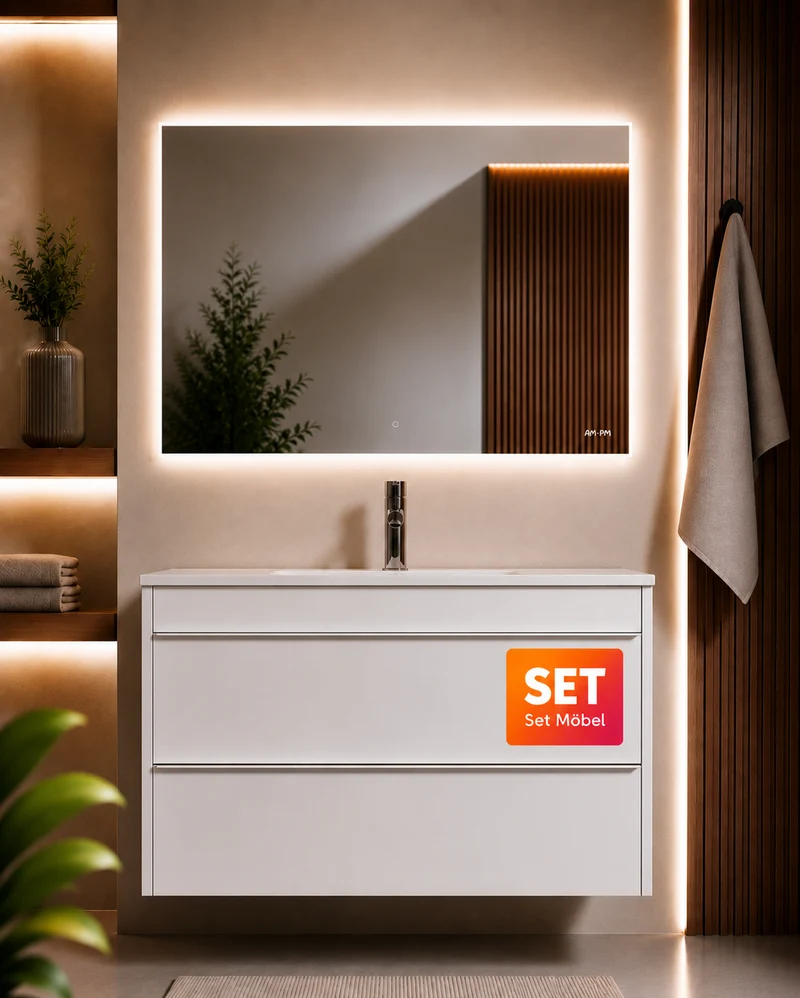 Badmöbel-Set mit Waschbecken und LED-Badspiegel, 100 cm, 2 Schubladen, Weiß glänzend – MTA1002WGCMO1