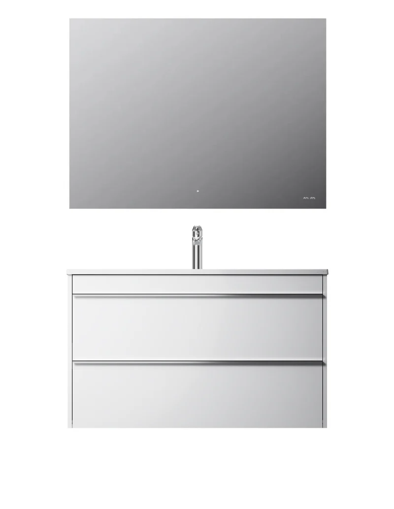 Badmöbel-Set mit Waschbecken und LED-Badspiegel, 100 cm, 2 Schubladen, Weiß glänzend – MTA1002WGCMO1