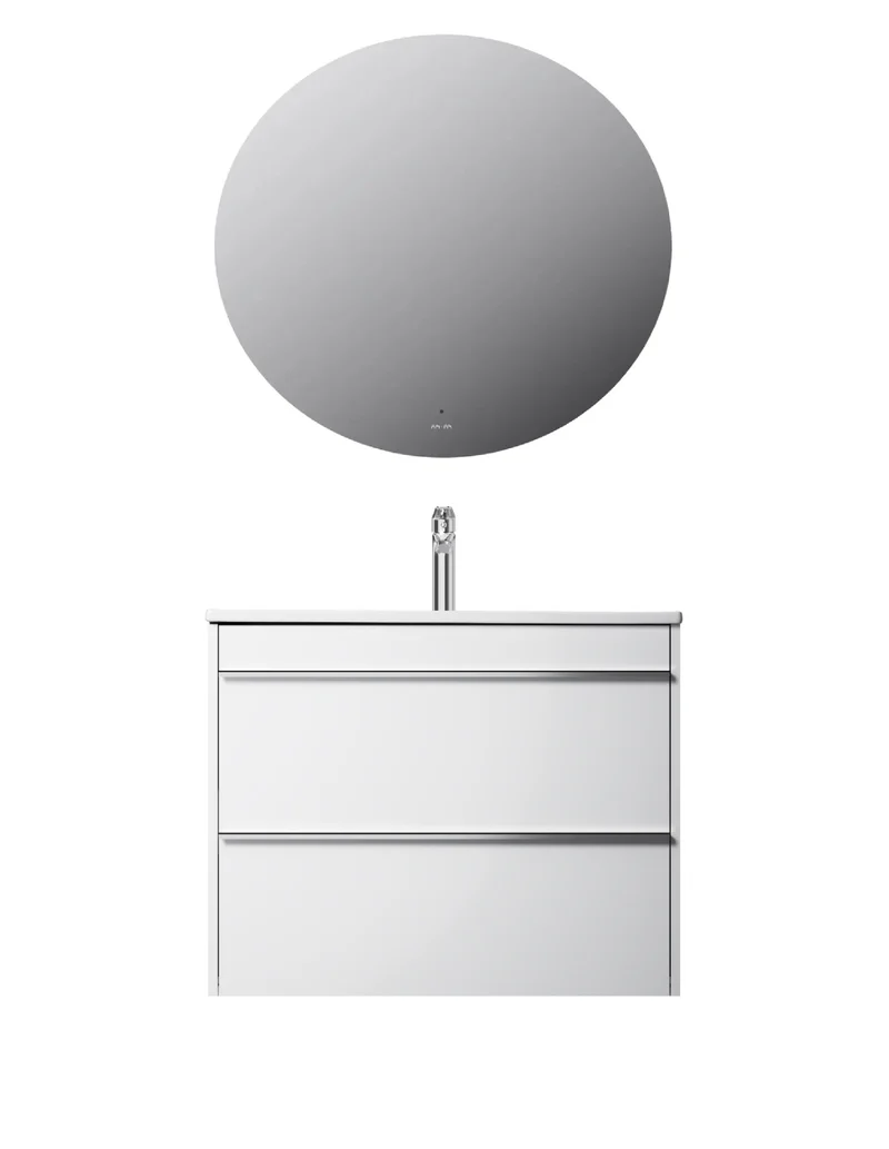 Badmöbel-Set mit Waschbecken und rundem LED-Badspiegel, 80 cm, 2 Schubladen, Weiß glänzend – MTA0802WGCMO4