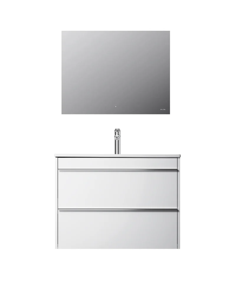 Badmöbel-Set mit Waschbecken und LED-Badspiegel, 80 cm, 2 Schubladen, Weiß glänzend – MTA0802WGCMO1