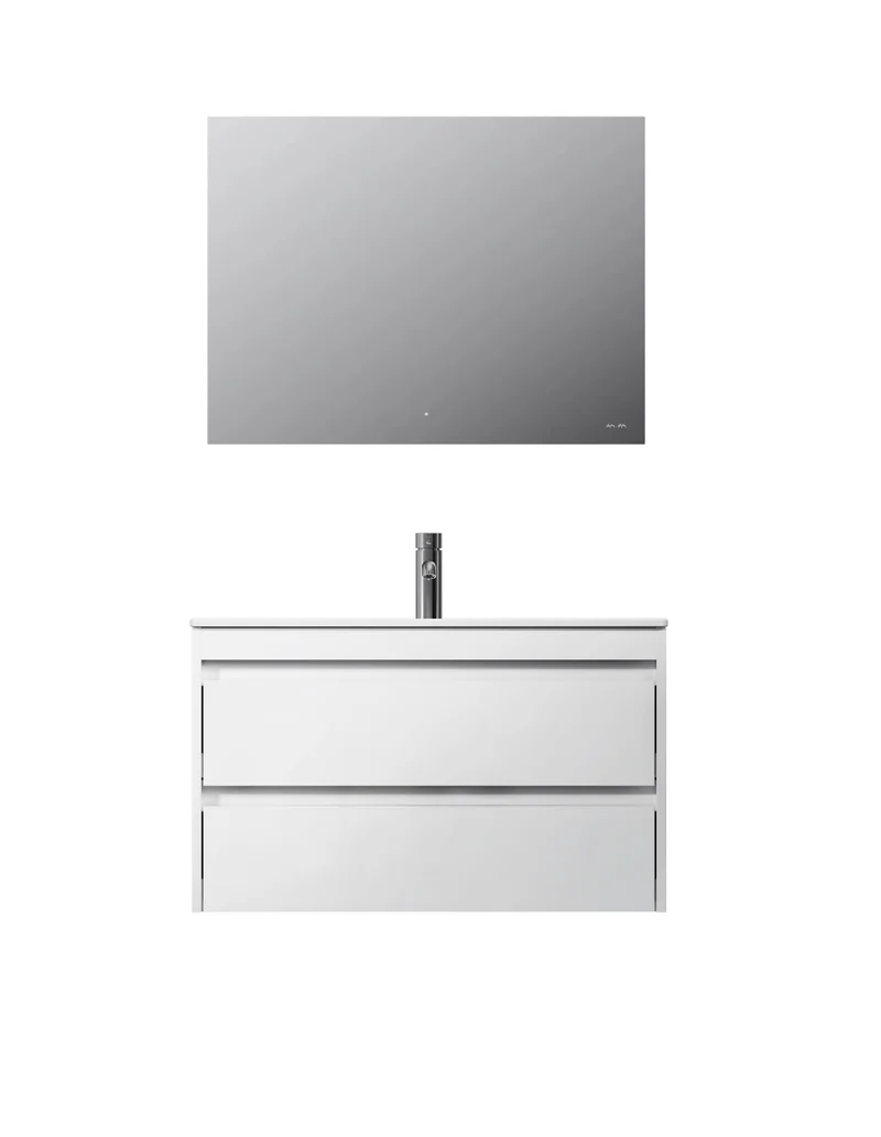 Badmöbel-Set mit Waschbecken und LED-Badspiegel, 80 cm, 2 Schubladen, Weiß glänzend – MPA0802WGCMO1