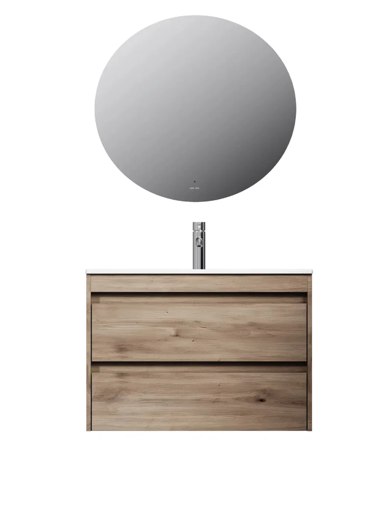 Badmöbel-Set mit Waschbecken und rundem LED-Badspiegel, 80 cm, 2 Schubladen, Eiche – MPA0802HFCMO4
