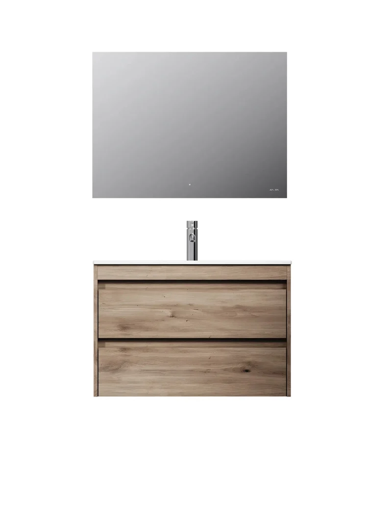Badmöbel-Set mit Waschbecken und LED-Badspiegel, 80 cm, 2 Schubladen, Eiche – MPA0802HFCMO1