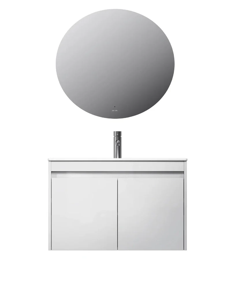 Badmöbel-Set mit Waschbecken und rundem LED-Badspiegel, 80 cm, 2 Türen, Weiß glänzend – MPA0801WGCMO4