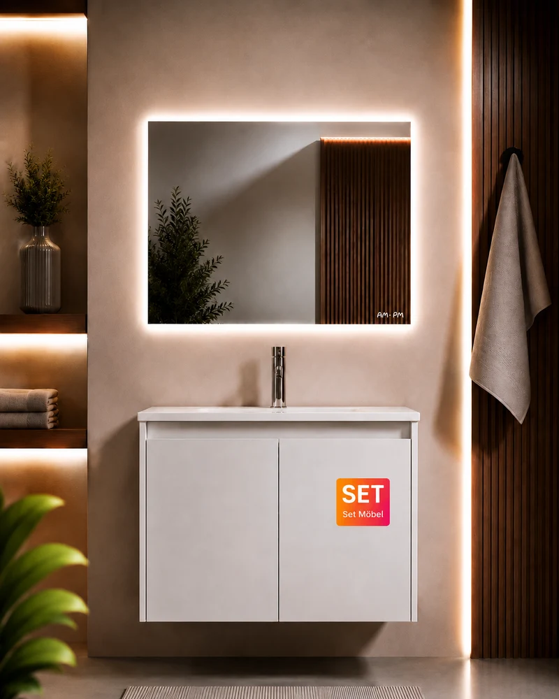 Badmöbel-Set mit Waschbecken und LED-Badspiegel, 80 cm, 2 Türen, Weiß glänzend – MPA0801WGCMO1