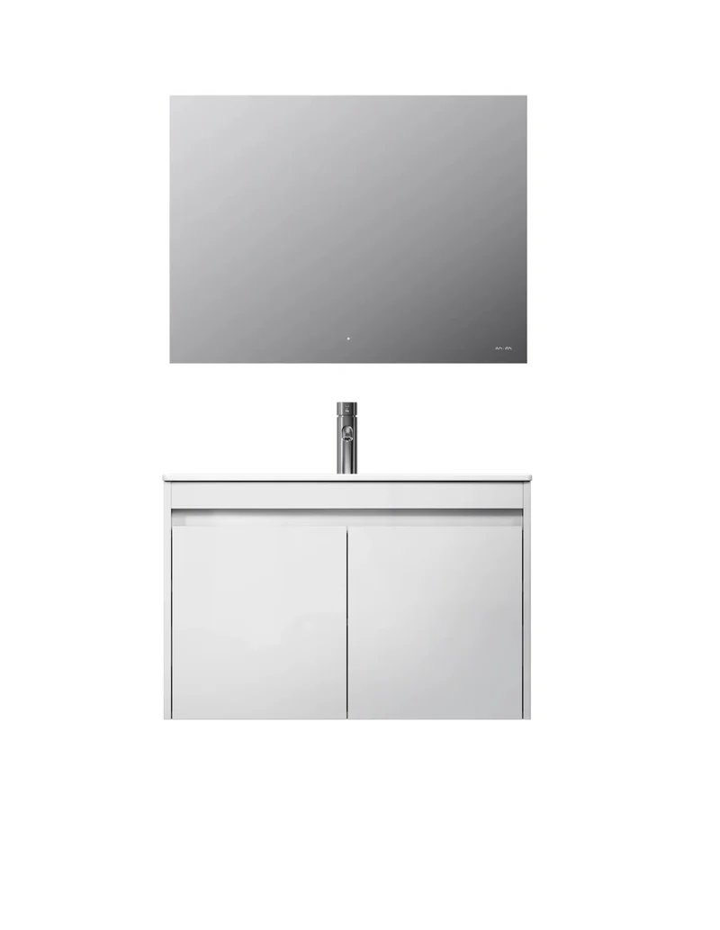 Badmöbel-Set mit Waschbecken und LED-Badspiegel, 80 cm, 2 Türen, Weiß glänzend – MPA0801WGCMO1