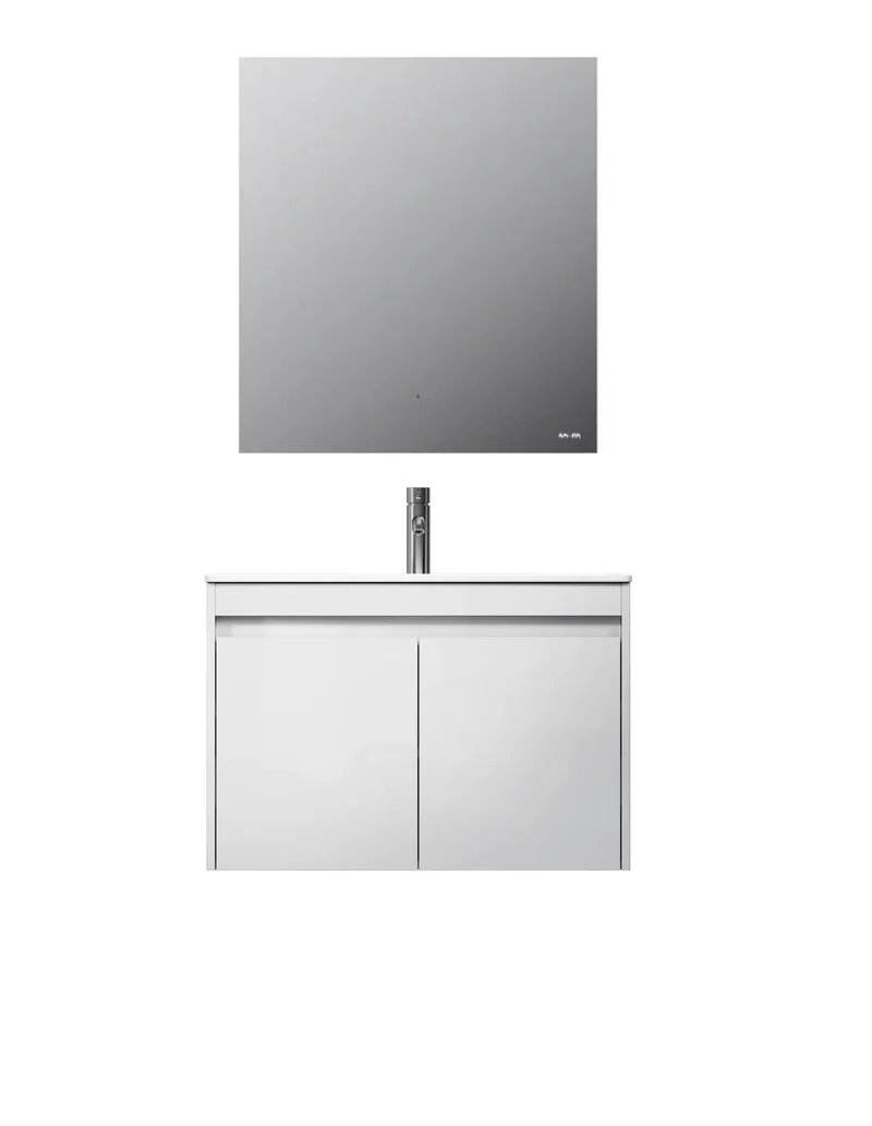 Badmöbel-Set mit Waschbecken und LED-Badspiegel, 60 cm, 2 Türen, Weiß glänzend – MPA0601WGCMO1
