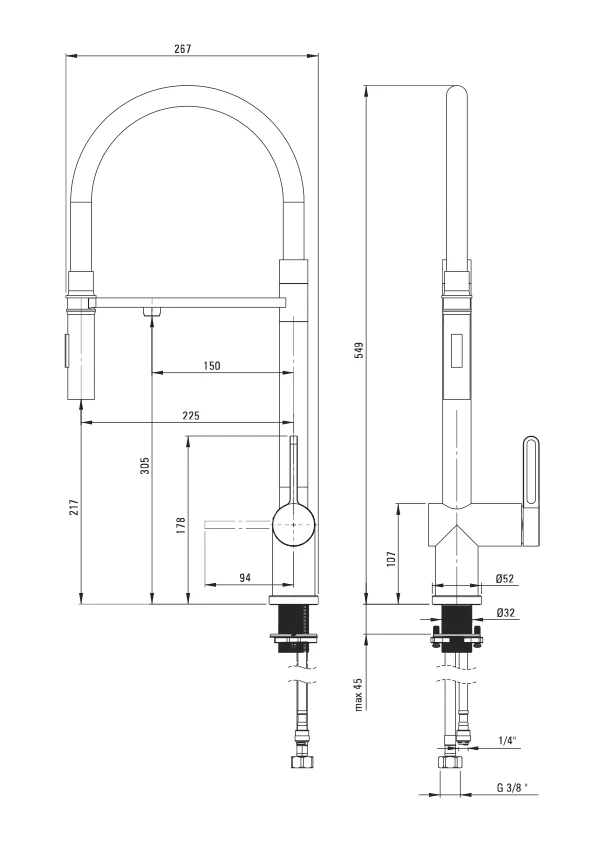 3-Wege-Armatur WS3-110b | V2A Edelstahl Black | Flexschlauch