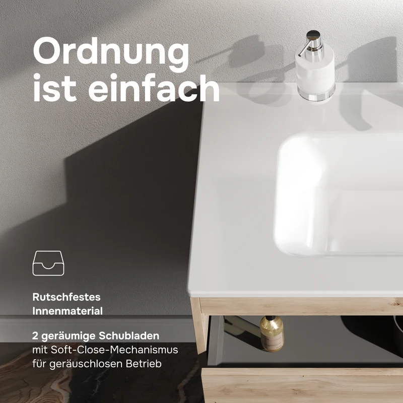 Waschtischunterschrank mit Waschbecken, 80 cm, als Flachpaket, 2 Schubladen, Eiche – MPAX0802HF-C0802WG