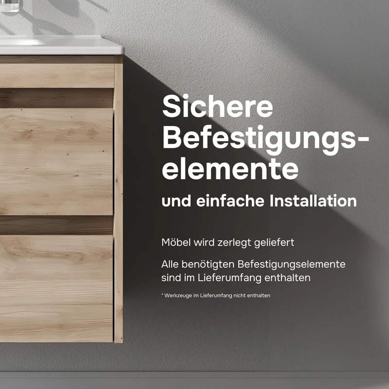 Waschtischunterschrank mit Waschbecken, 80 cm, als Flachpaket, 2 Schubladen, Eiche – MPAX0802HF-C0802WG