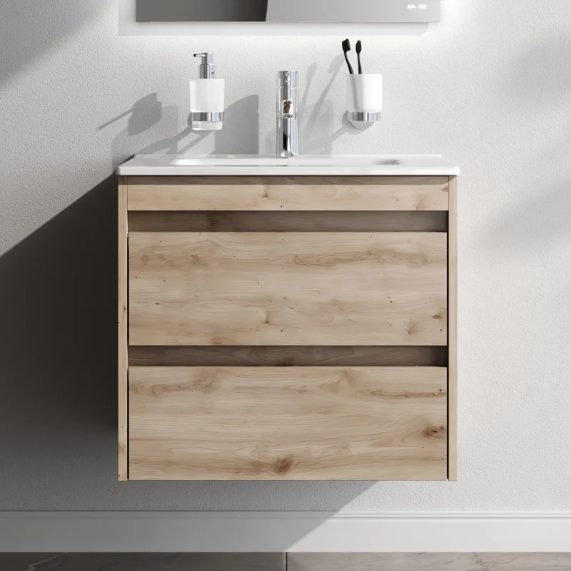 Waschtischunterschrank mit Waschbecken, 60 cm, als Flachpaket, 2 Schubladen, Eiche – MPAX0602HF-C0602WG