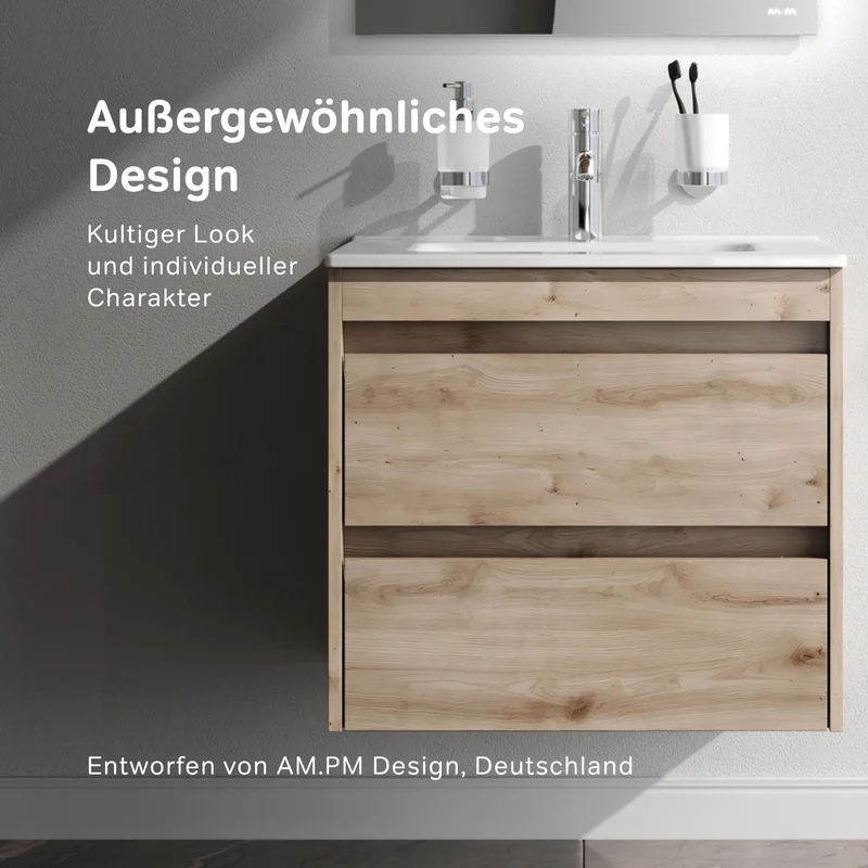 Waschtischunterschrank mit Waschbecken, 60 cm, als Flachpaket, 2 Schubladen, Eiche – MPAX0602HF-C0602WG