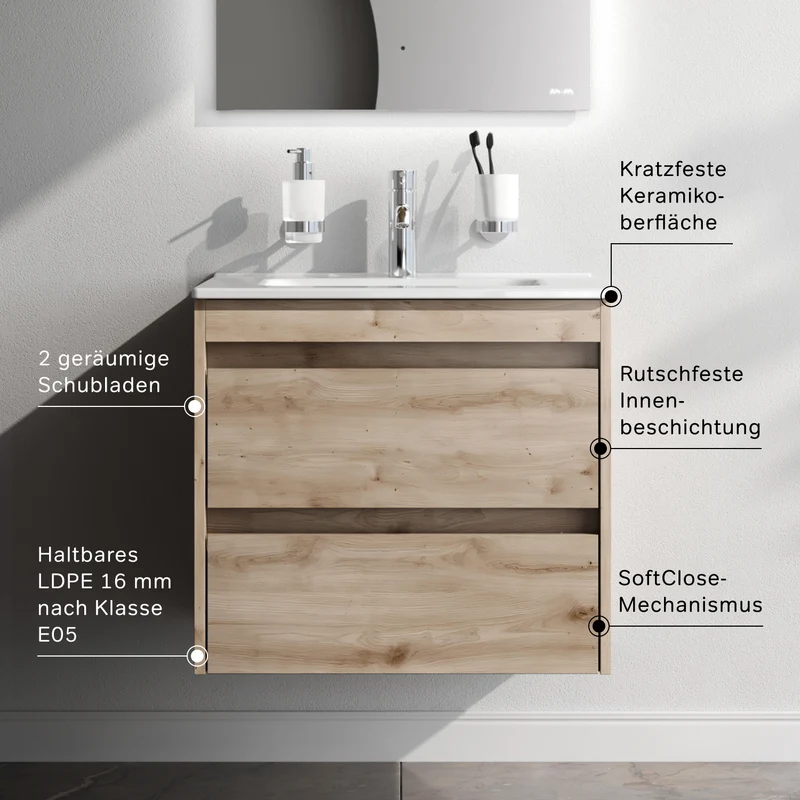 Waschtischunterschrank mit Waschbecken, 60 cm, als Flachpaket, 2 Schubladen, Eiche – MPAX0602HF-C0602WG
