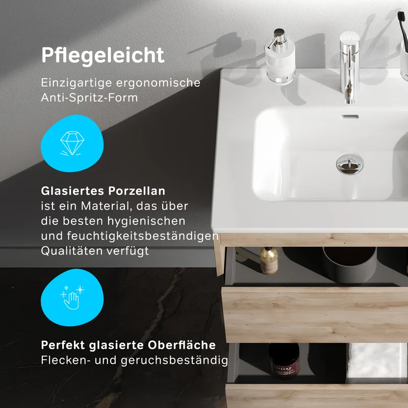 Waschtischunterschrank mit Waschbecken, 60 cm, als Flachpaket, 2 Schubladen, Eiche – MPAX0602HF-C0602WG