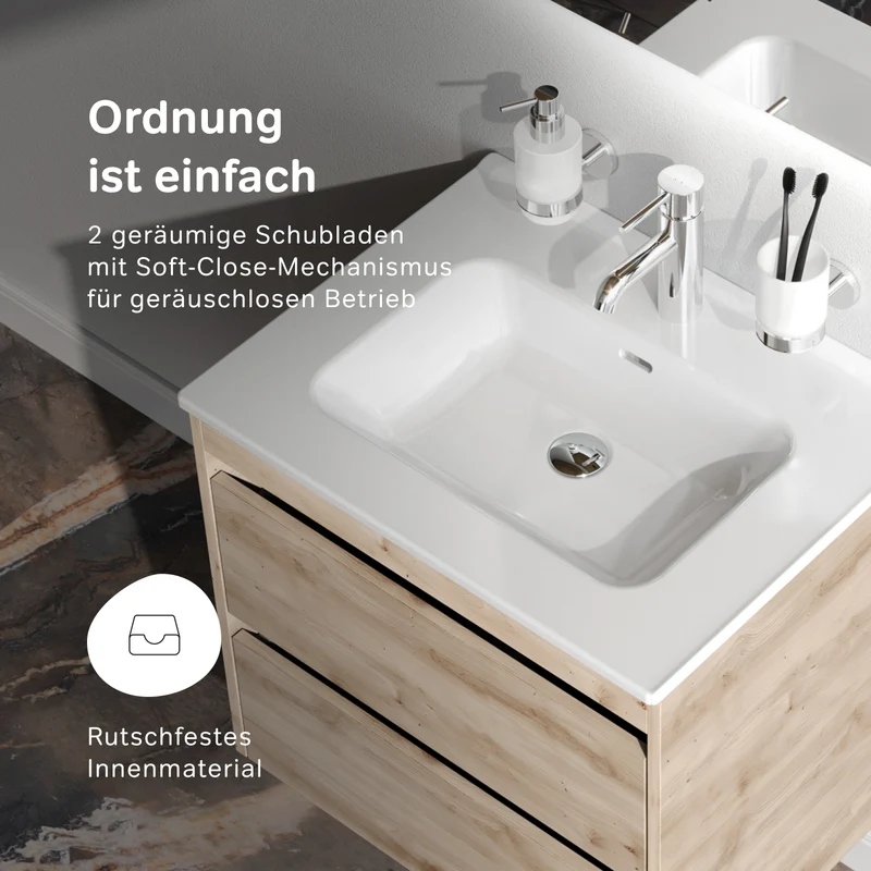 Waschtischunterschrank mit Waschbecken, 60 cm, als Flachpaket, 2 Schubladen, Eiche – MPAX0602HF-C0602WG