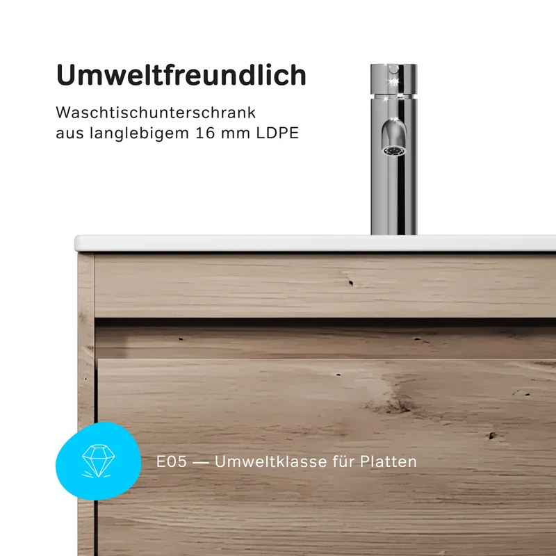 Waschtischunterschrank mit Waschbecken, 60 cm, als Flachpaket, 2 Schubladen, Eiche – MPAX0602HF-C0602WG