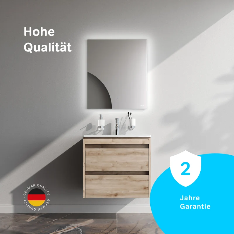 Waschtischunterschrank mit Waschbecken, 60 cm, als Flachpaket, 2 Schubladen, Eiche – MPAX0602HF-C0602WG