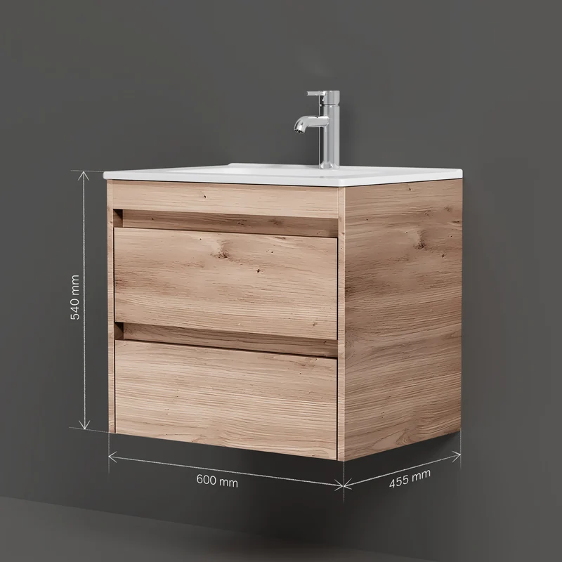 Waschtischunterschrank mit Waschbecken, 60 cm, als Flachpaket, 2 Schubladen, Eiche – MPAX0602HF-C0602WG