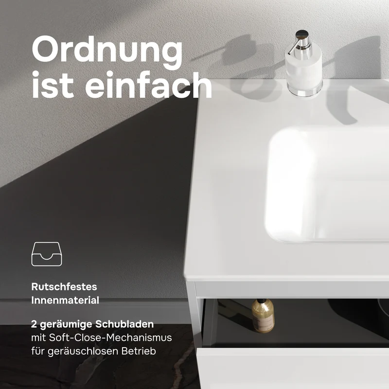 Waschtischunterschrank mit Waschbecken, 80 cm, als Flachpaket, 2 Schubladen, Weiß glänzend – MPAX0802WG-C0802WG
