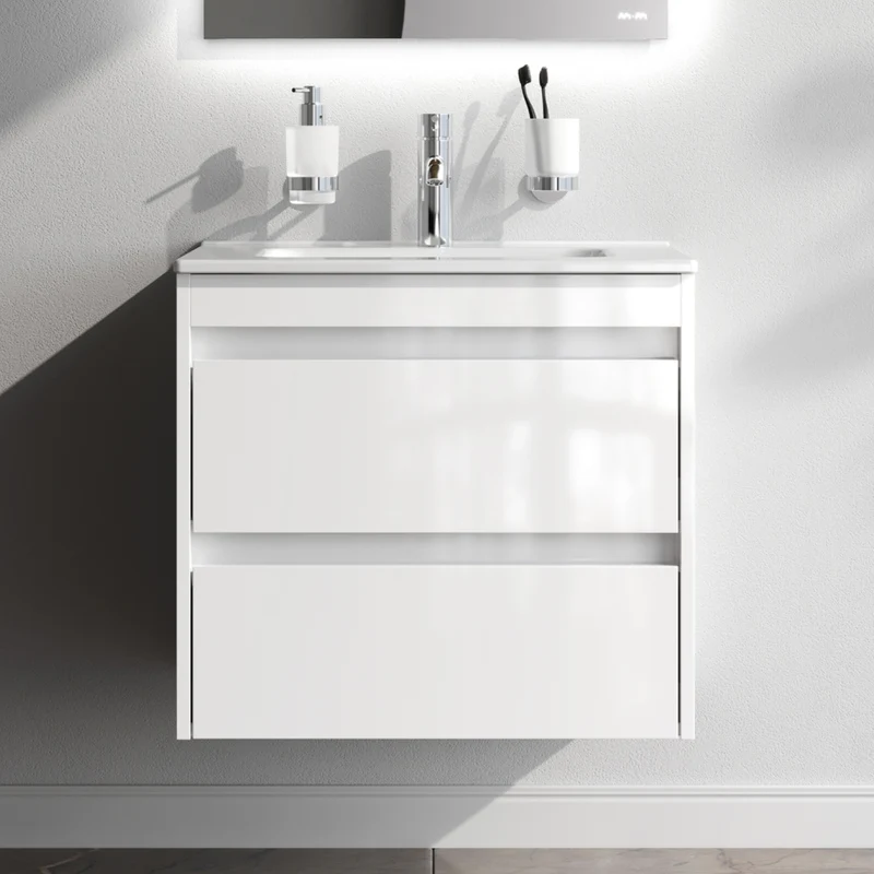 Waschtischunterschrank mit Waschbecken, 60 cm, als Flachpaket, 2 Schubladen, Weiß glänzend – MPAX0602WG-C0602WG