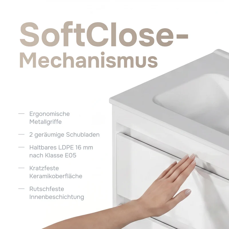 Waschtischunterschrank mit Waschbecken, 60 cm, als Flachpaket, 2 Schubladen, Weiß glänzend – MPAX0602WG-C0602WG