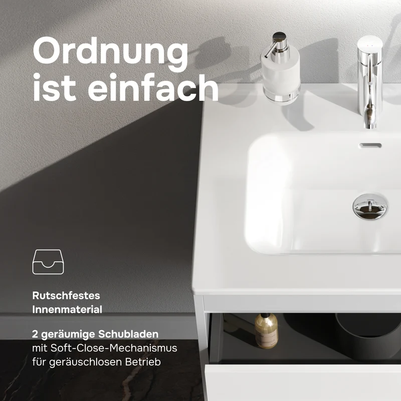 Waschtischunterschrank mit Waschbecken, 60 cm, als Flachpaket, 2 Schubladen, Weiß glänzend – MPAX0602WG-C0602WG