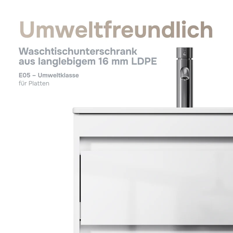 Waschtischunterschrank mit Waschbecken, 60 cm, als Flachpaket, 2 Schubladen, Weiß glänzend – MPAX0602WG-C0602WG