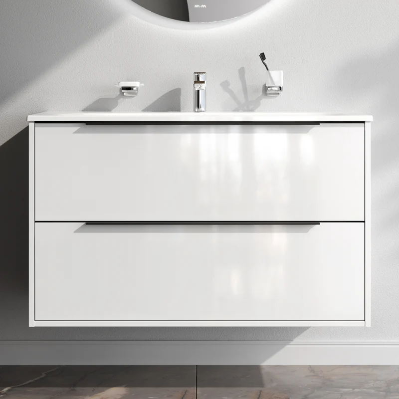 Waschtischunterschrank mit Waschbecken, 100 cm, als Flachpaket, 2 Schubladen, Weiß glänzend – MNA-FHX1002WGSP-WCC1002WG