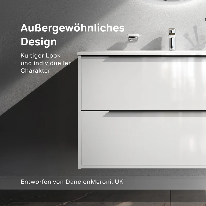 Waschtischunterschrank mit Waschbecken, 100 cm, als Flachpaket, 2 Schubladen, Weiß glänzend – MNA-FHX1002WGSP-WCC1002WG