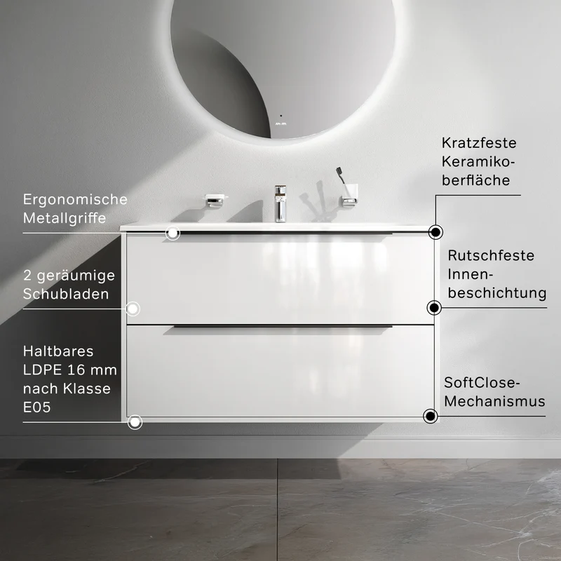 Waschtischunterschrank mit Waschbecken, 100 cm, als Flachpaket, 2 Schubladen, Weiß glänzend – MNA-FHX1002WGSP-WCC1002WG