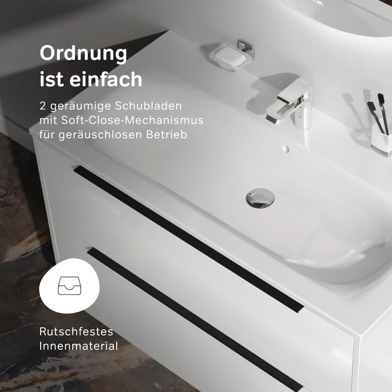 Waschtischunterschrank mit Waschbecken, 100 cm, als Flachpaket, 2 Schubladen, Weiß glänzend – MNA-FHX1002WGSP-WCC1002WG