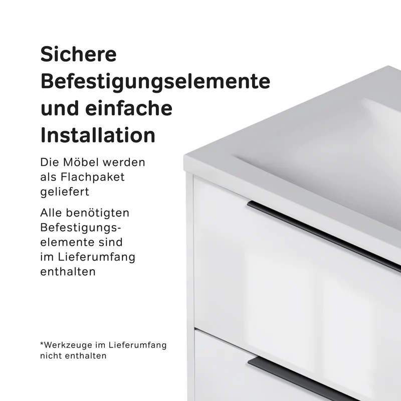 Waschtischunterschrank mit Waschbecken, 100 cm, als Flachpaket, 2 Schubladen, Weiß glänzend – MNA-FHX1002WGSP-WCC1002WG