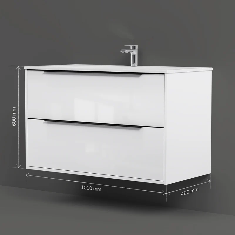 Waschtischunterschrank mit Waschbecken, 100 cm, als Flachpaket, 2 Schubladen, Weiß glänzend – MNA-FHX1002WGSP-WCC1002WG