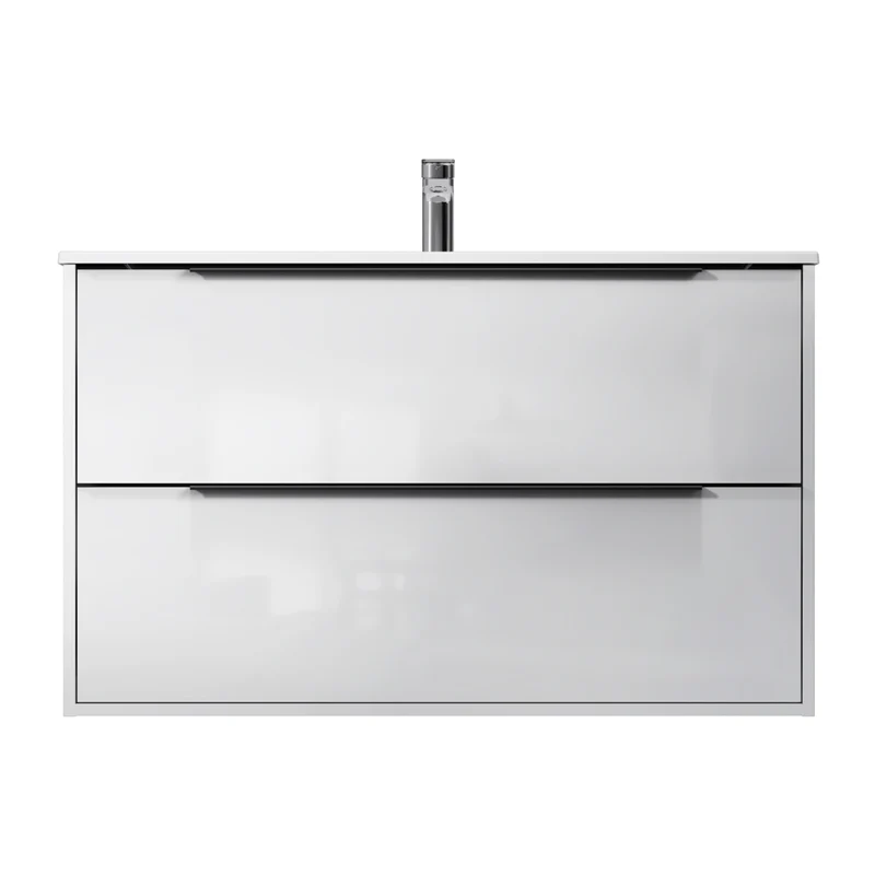 Waschtischunterschrank mit Waschbecken, 100 cm, als Flachpaket, 2 Schubladen, Weiß glänzend – MNA-FHX1002WGSP-WCC1002WG