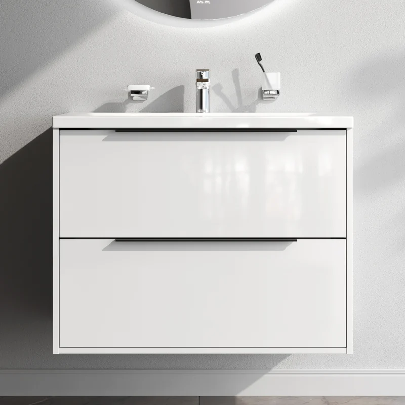 Waschtischunterschrank mit Waschbecken, 80 cm, als Flachpaket, 2 Schubladen, Weiß glänzend – MNA-FHX0802WGSP-WCC0802WG