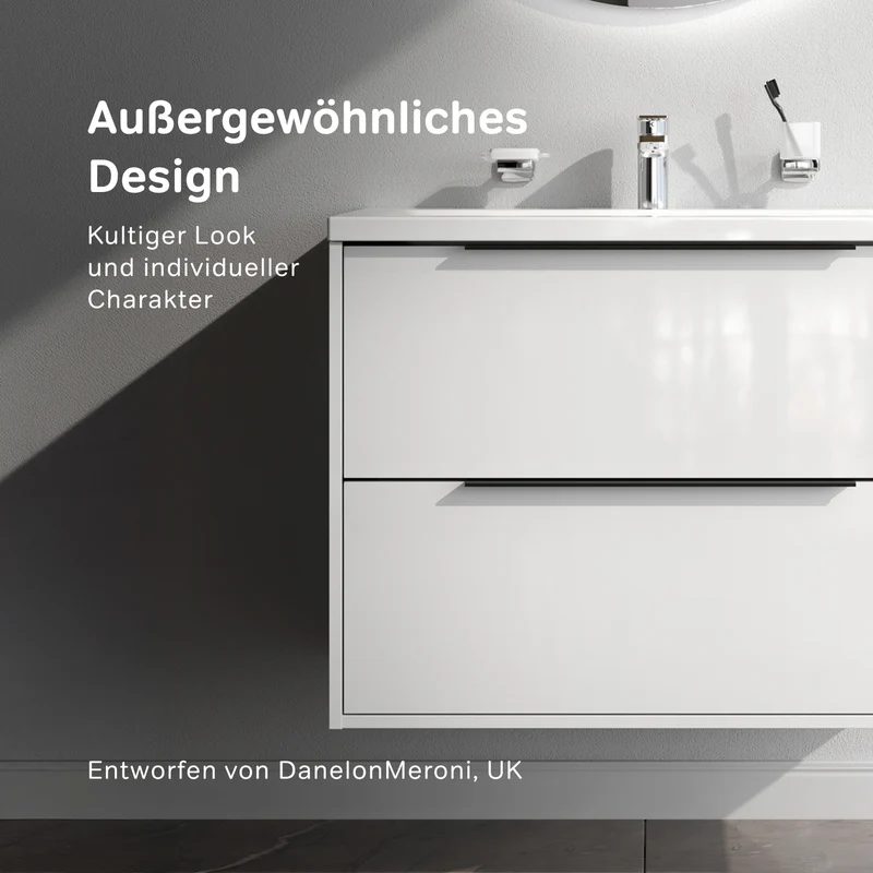 Waschtischunterschrank mit Waschbecken, 80 cm, als Flachpaket, 2 Schubladen, Weiß glänzend – MNA-FHX0802WGSP-WCC0802WG